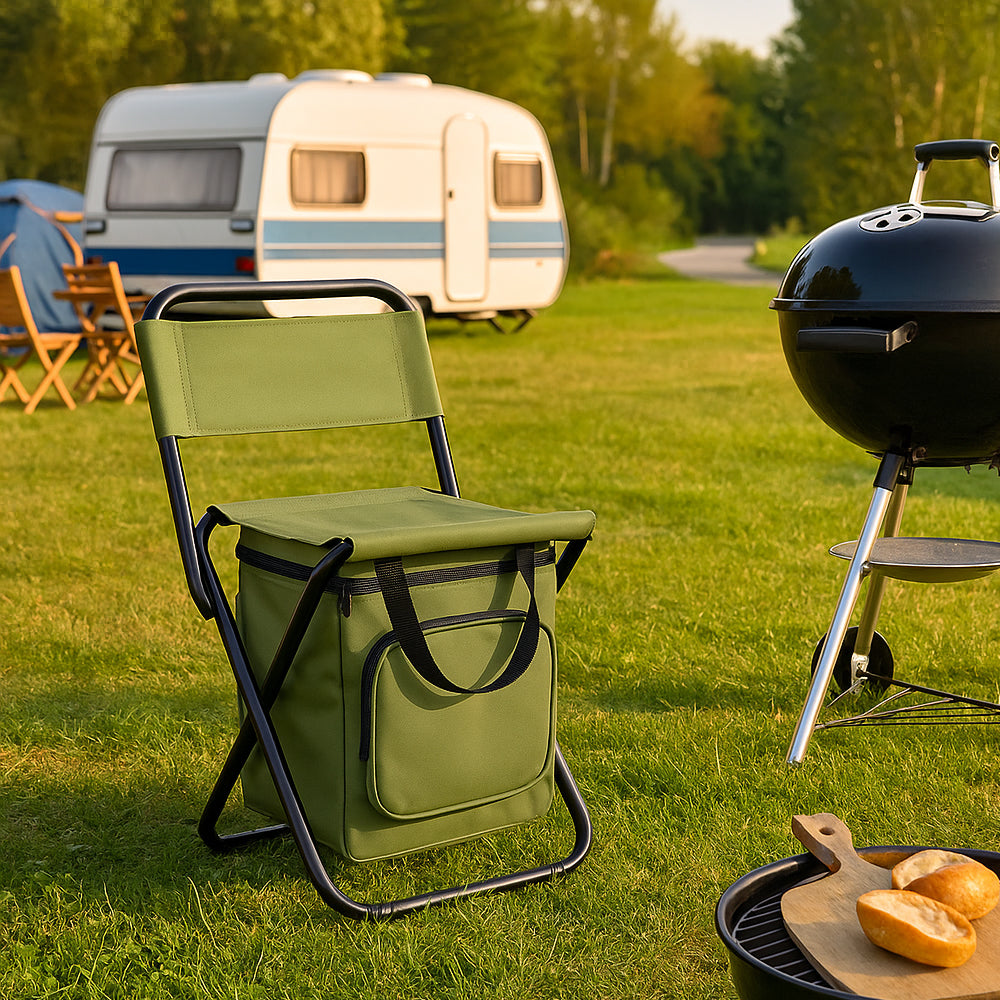 ChillPack Outdoor Stuhl – Faltbarer Campingstuhl mit Rückenlehne und integriertem Kühltasche | Karnz