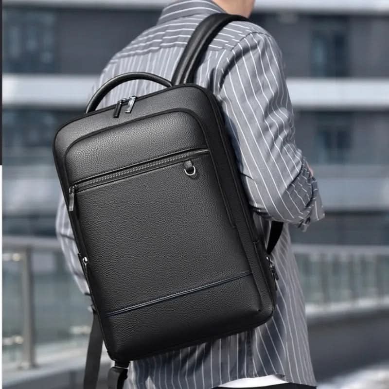 Eleganter Lederrucksack für Damen und Herren mit USB-Anschluss für Laptop und den täglichen Gebrauch, 15,6 Zoll, schwarz