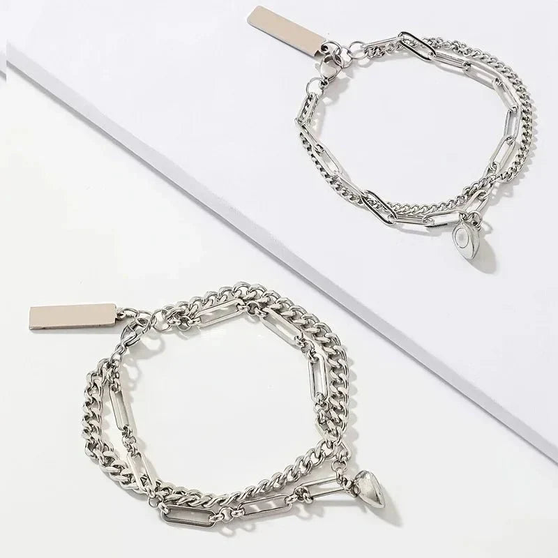Karnz | Paar Magnetisches Herz Cuban & Paperclip Ketten Armband Set