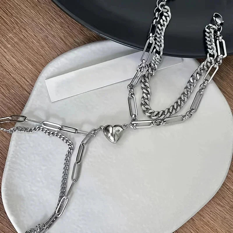 Karnz | Paar Magnetisches Herz Cuban & Paperclip Ketten Armband Set