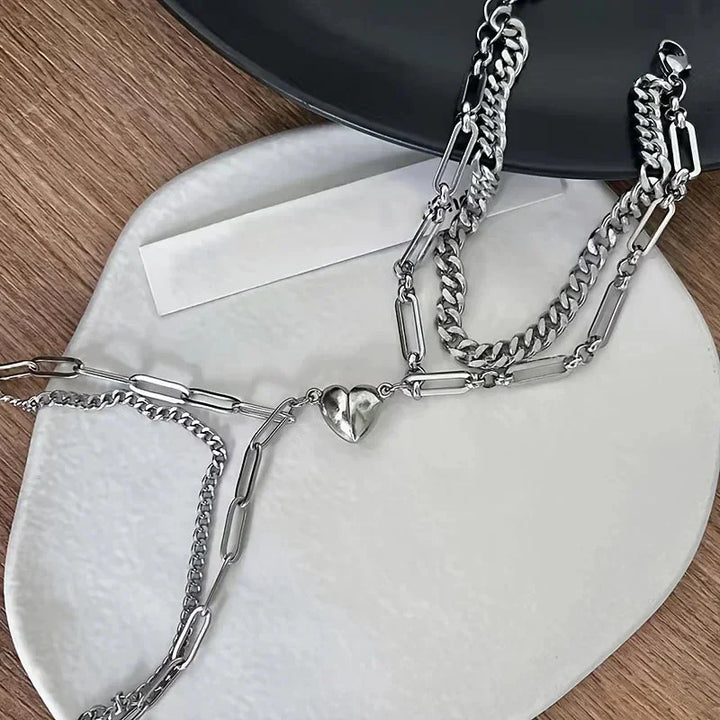 Karnz | Paar Magnetisches Herz Cuban & Paperclip Ketten Armband Set