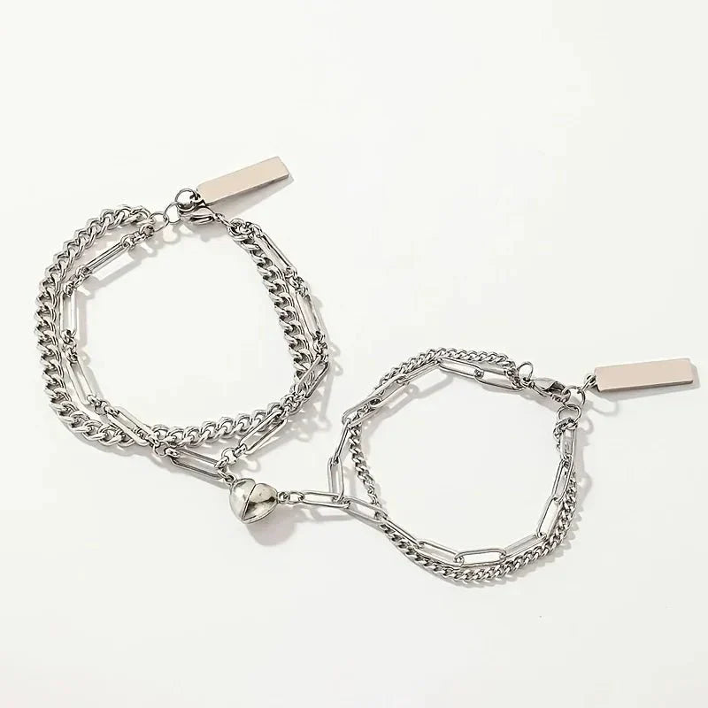 Karnz | Paar Magnetisches Herz Cuban & Paperclip Ketten Armband Set