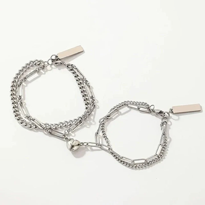 Karnz | Paar Magnetisches Herz Cuban & Paperclip Ketten Armband Set