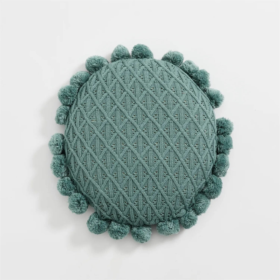 Süßes Pompom Quasten Rundes Gemütliches Kissen aus Acrylstrick | Karnz