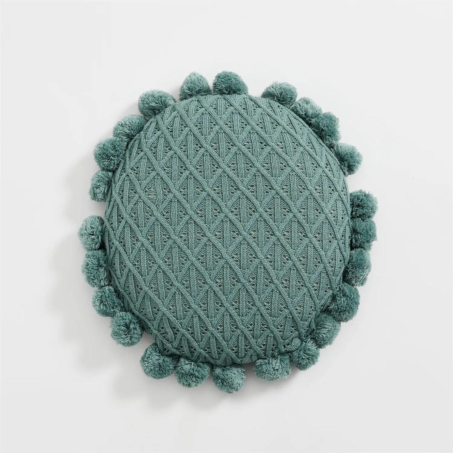 Süßes Pompom Quasten Rundes Gemütliches Kissen aus Acrylstrick | Karnz