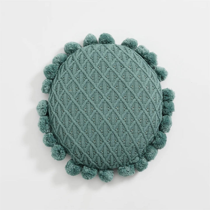 Süßes Pompom Quasten Rundes Gemütliches Kissen aus Acrylstrick | Karnz