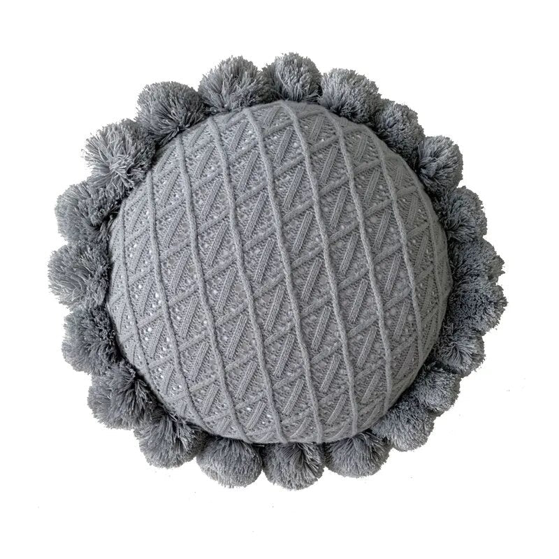 Süßes Pompom Quasten Rundes Gemütliches Kissen aus Acrylstrick | Karnz