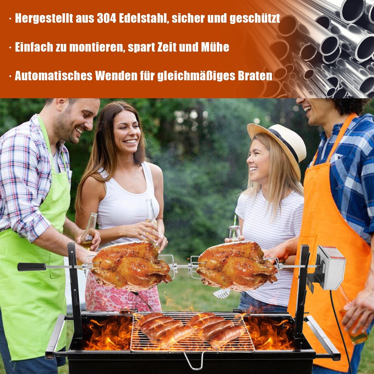 BBQ Grillspieß Edelstahl Motor 4x Fleischnadel | Karnz