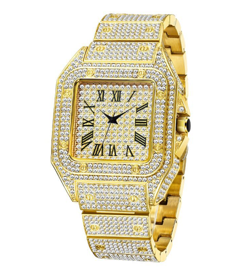 Karnz | MISSFOX Ice Out Square Herrenuhr | 18K Gold Nano-Vakuum-Beschichtung | Schweizer Quarz-Uhrwerk | Vollbesetzt mit Lab-Diamanten | Edelstahl-Gehäuse | Wasserdicht 3 ATM