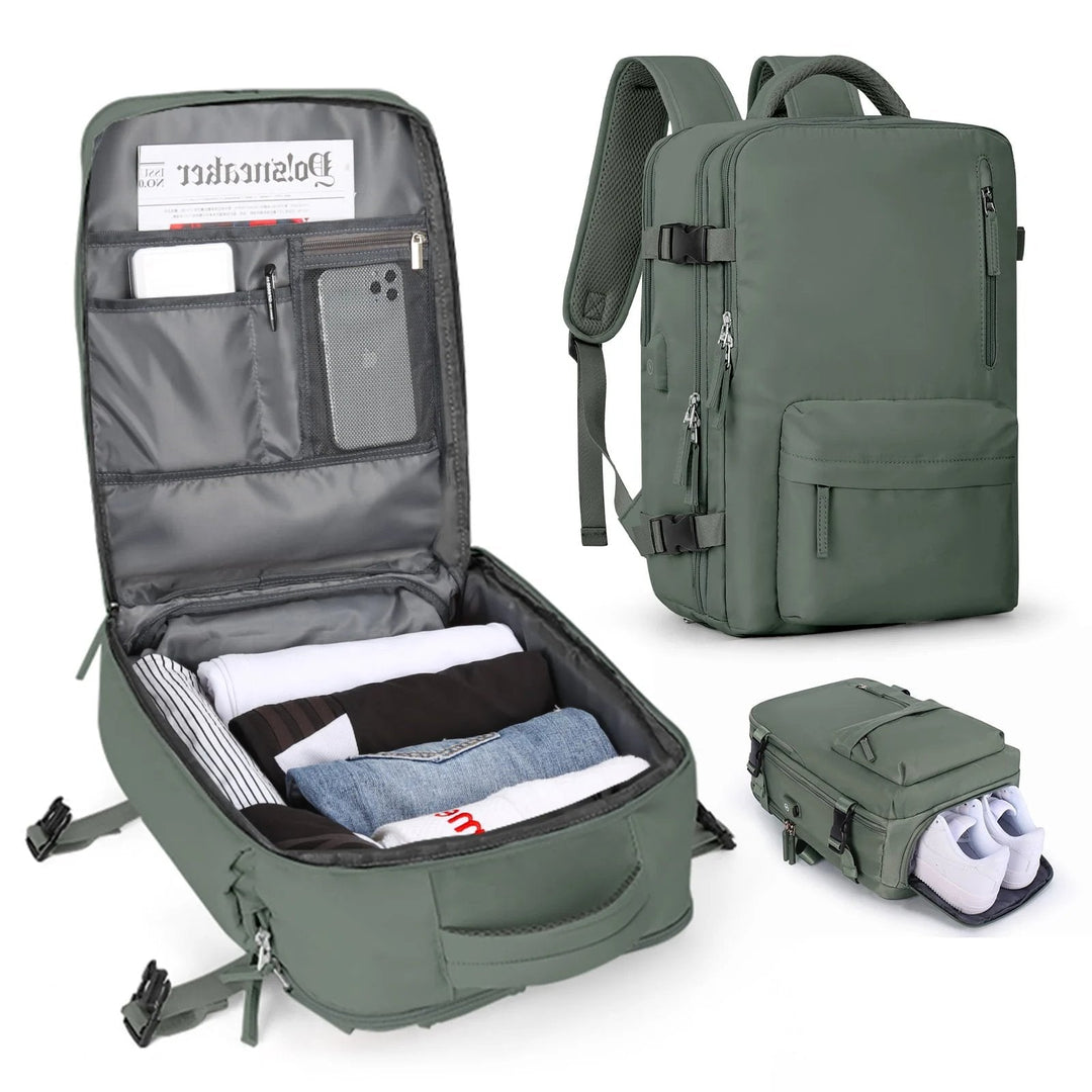 Karnz | Travelliva Damen Reise-Rucksack 35 L | Wasserdicht & mit USB-Anschluss | Anti-Diebstahl & Schuhfach | Für Wandern, Alltag & Reisen