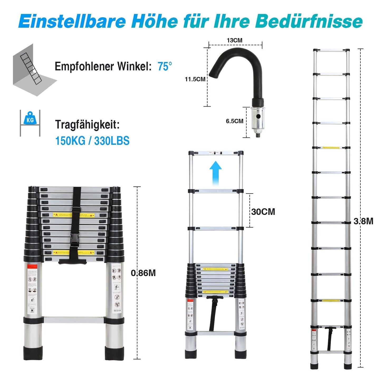 Teleskopleiter mit 2 Abnehmbarem Haken | Karnz