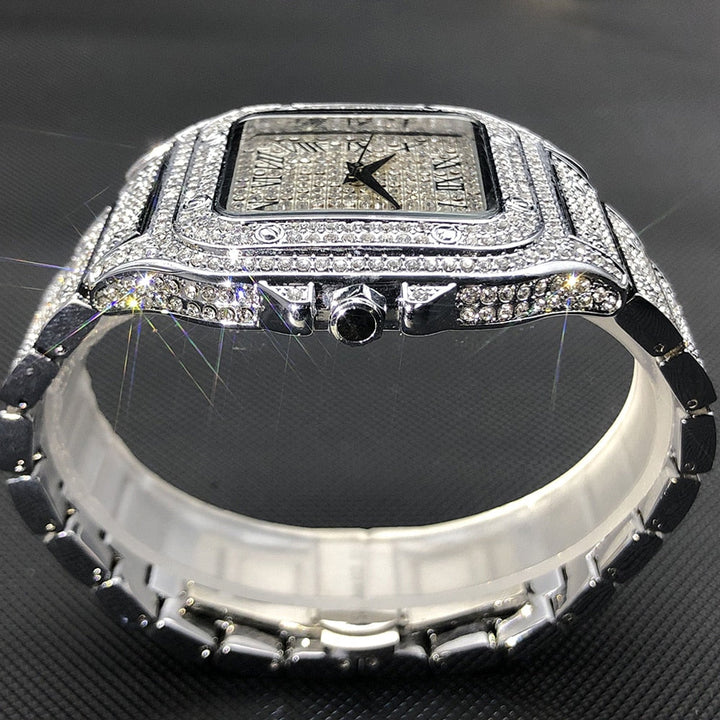 Karnz | MISSFOX Ice Out Square Herrenuhr | 18K Gold Nano-Vakuum-Beschichtung | Schweizer Quarz-Uhrwerk | Vollbesetzt mit Lab-Diamanten | Edelstahl-Gehäuse | Wasserdicht 3 ATM