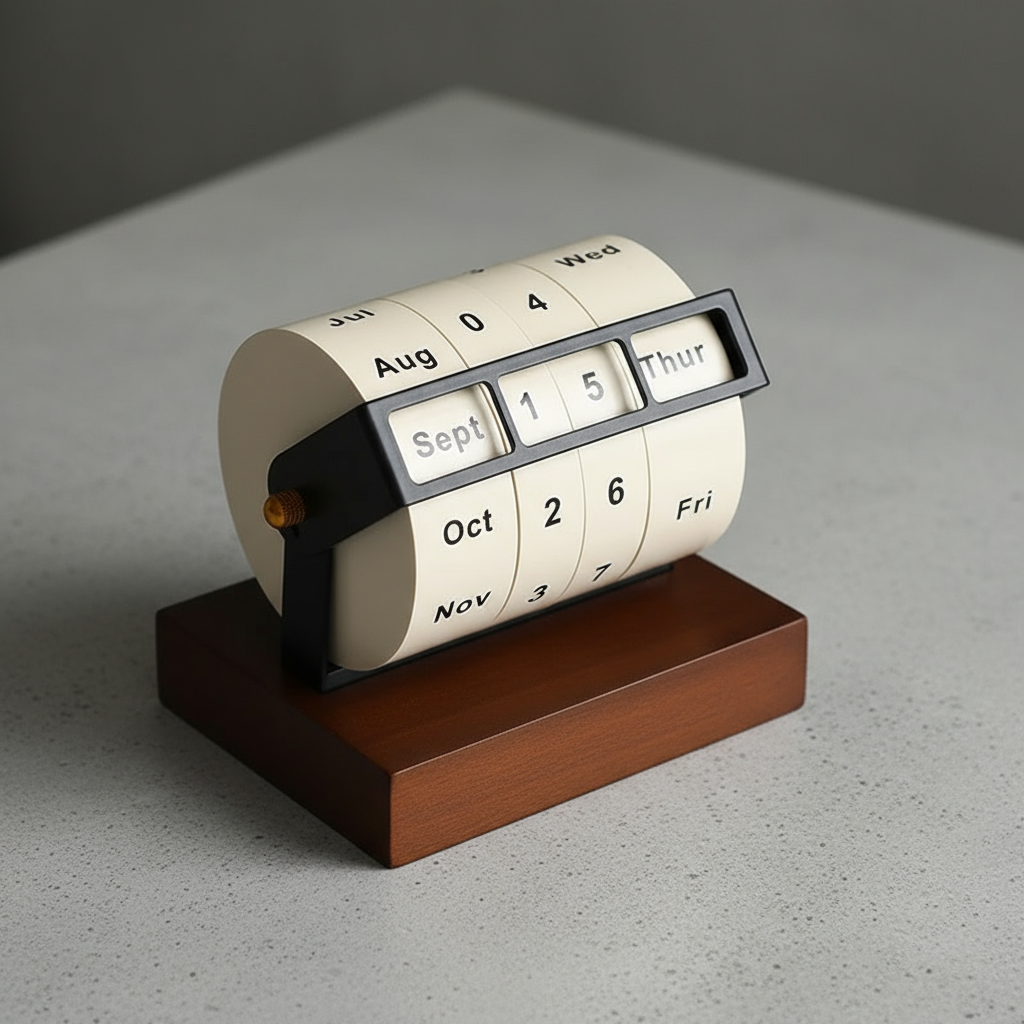 Mid-Century Rotierender Holz Perpetual Schreibtischkalender | Karnz
