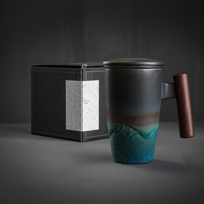 Karnz | TeaCraft Ceramic Mug | Handcrafted | With Tea Filter and Wooden Handle | Retro Design