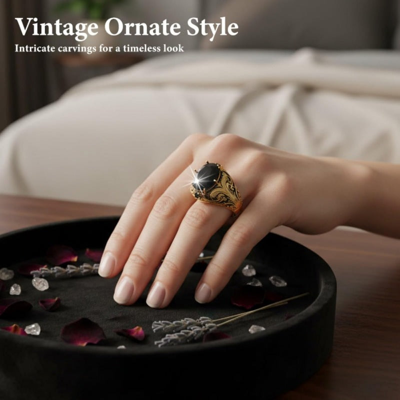 Gravierte Herren Schwarze Steinschale Ring Karnz
