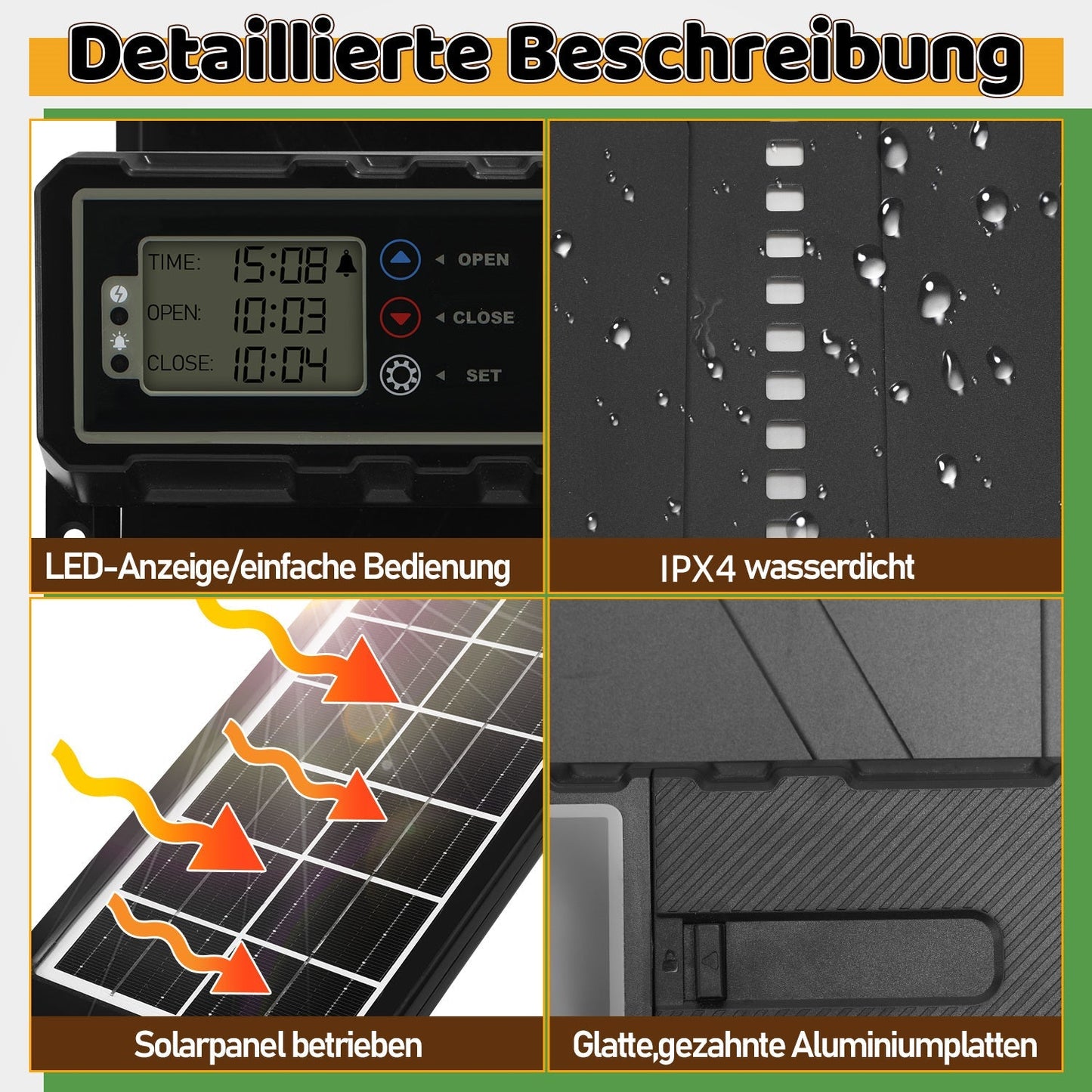 Elektrische Hühnerklappe Solar mit LED Display und Fernbedienung | Karnz