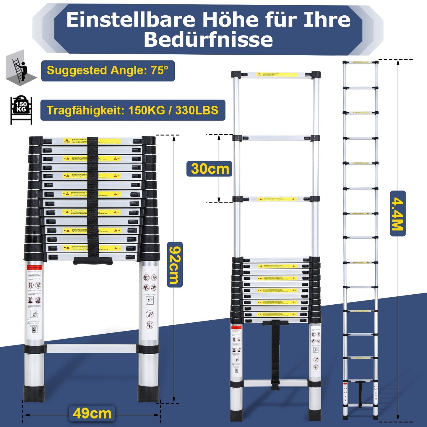 Teleskopleiter Aluminium Belastbarkeit bis zu 150kg 2.6m-5m | Karnz