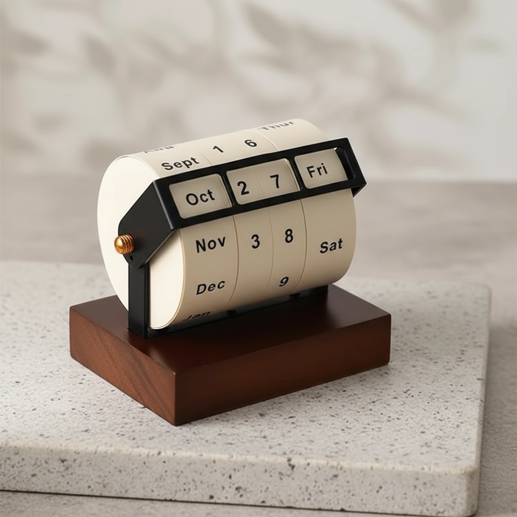 Mid-Century Rotierender Holz Perpetual Schreibtischkalender | Karnz