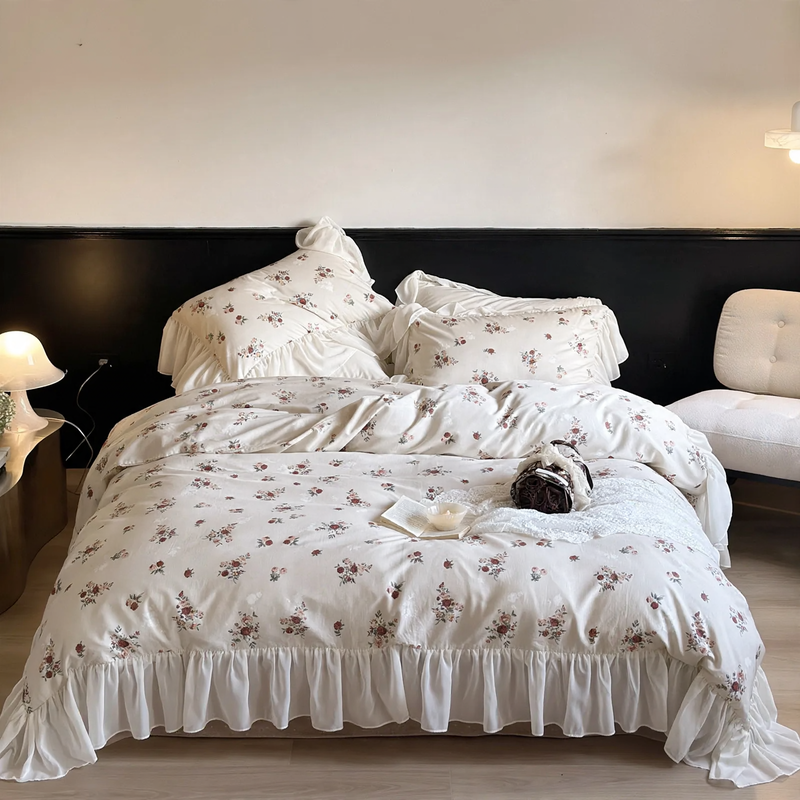 Baumwoll-Bettwäsche-Set, Vintage-Rosen mit Spitze