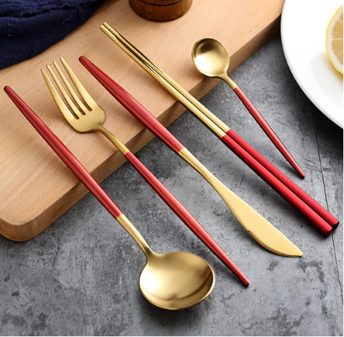 LUXURIÖSES EDELSTAHL-24-TEILIGES GOLD-SILBER-BESTECK-SET
