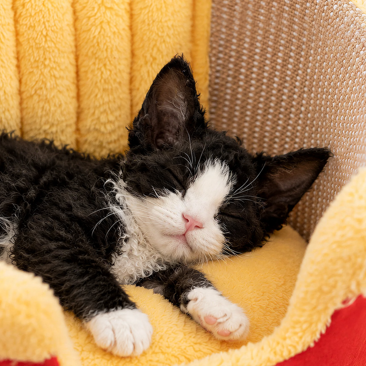 Katzenbett mit Kratzmöglichkeit und Spielfunktion