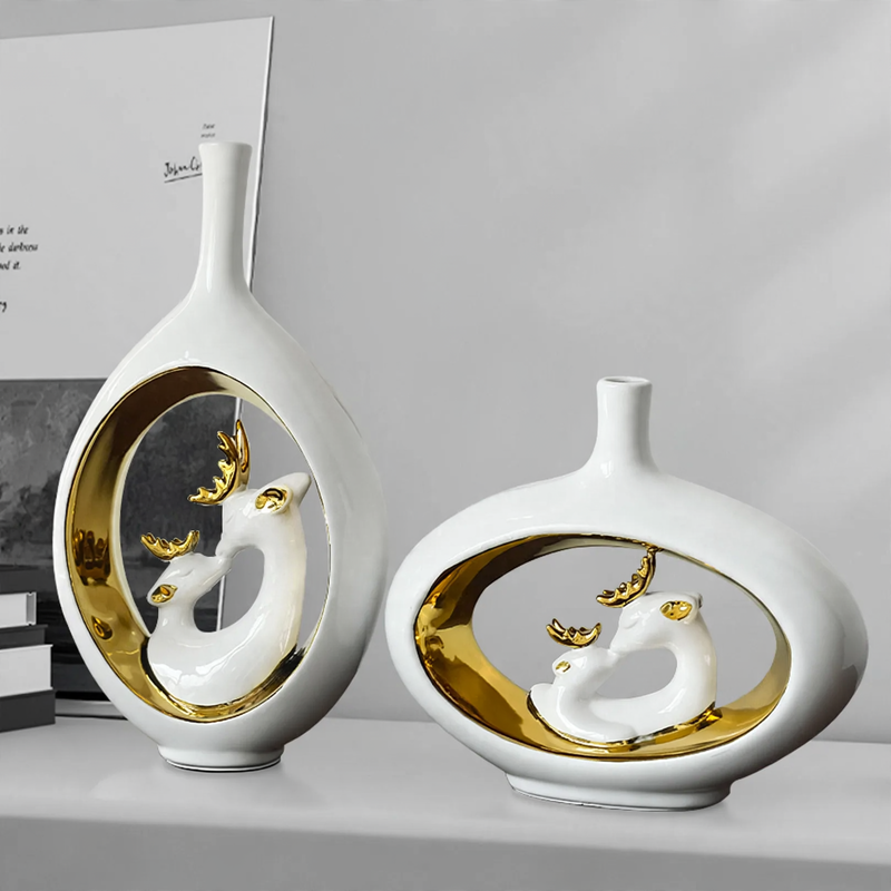 Keramik-Blumenvase mit Hirsch-Motiv