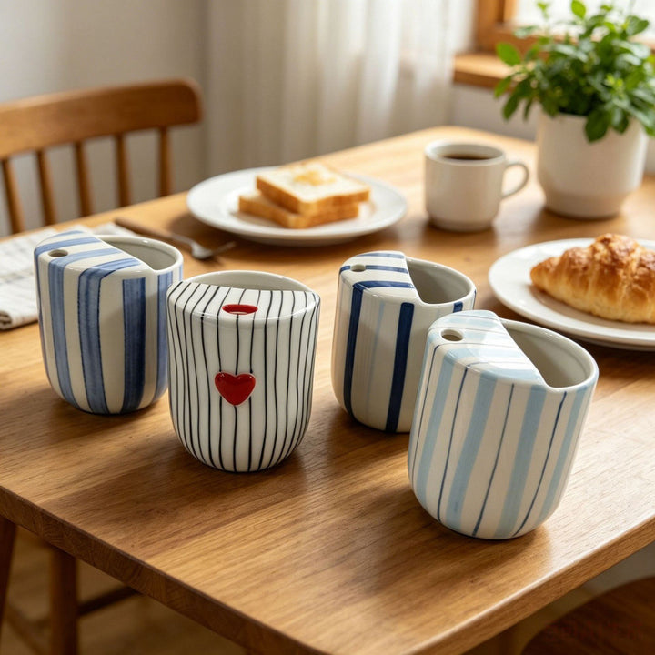 Keramik-Kaffeetasse mit Streifen und Herzmotiv