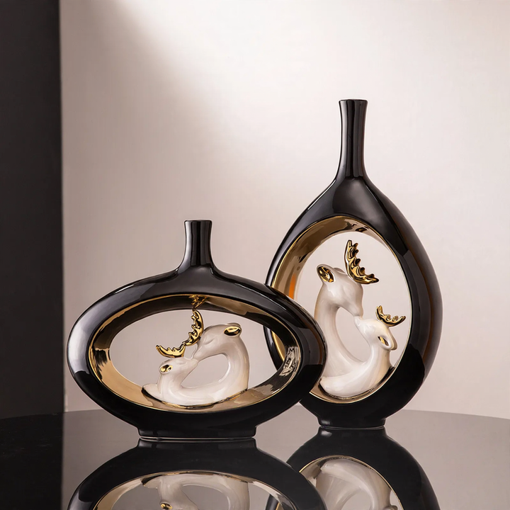 Keramik-Blumenvase mit Hirsch-Motiv