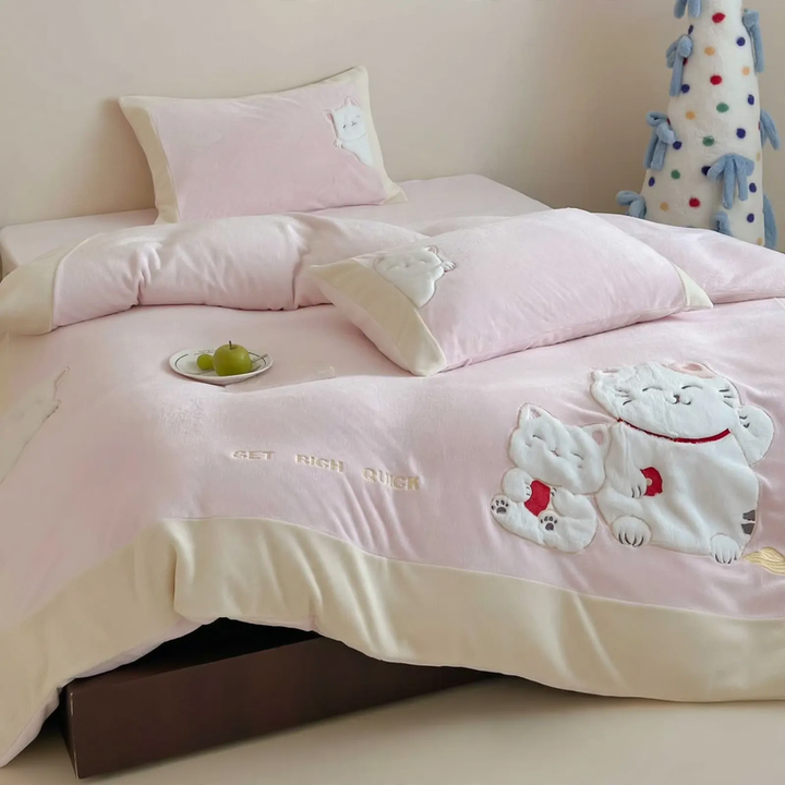 Bettwäsche-Set mit Glückskatzen-Motiv, Milchfleece