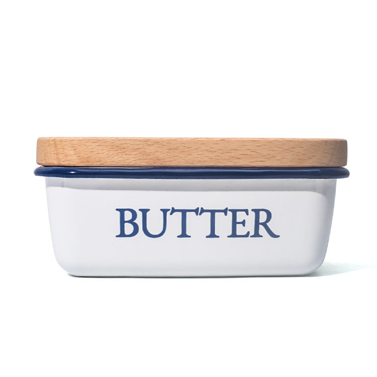 Emaillierte Butterdose mit Holzdeckel, quadratisch