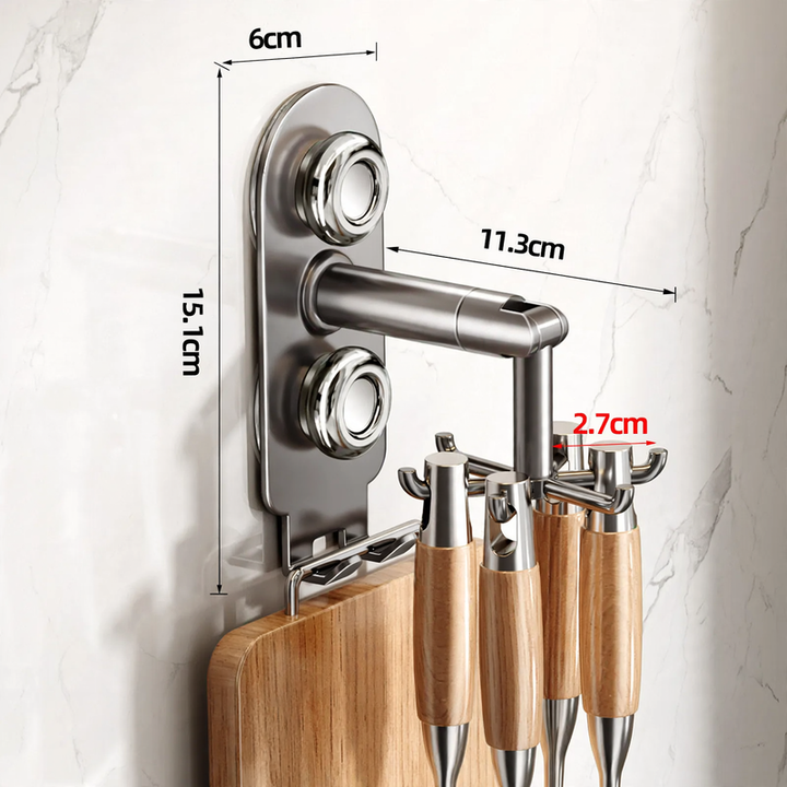 Drehbarer Küchenorganizer, Wandmontage, 6 Haken, Edelstahl
