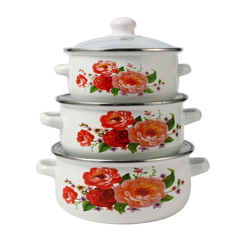 Emaillierter Kochtopf-Set mit Glassdeckel