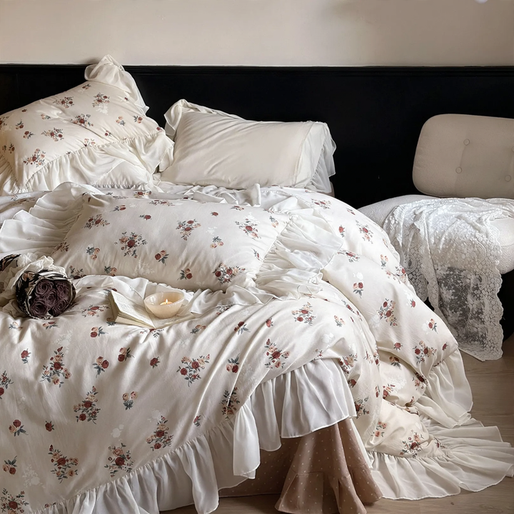 Baumwoll-Bettwäsche-Set, Vintage-Rosen mit Spitze