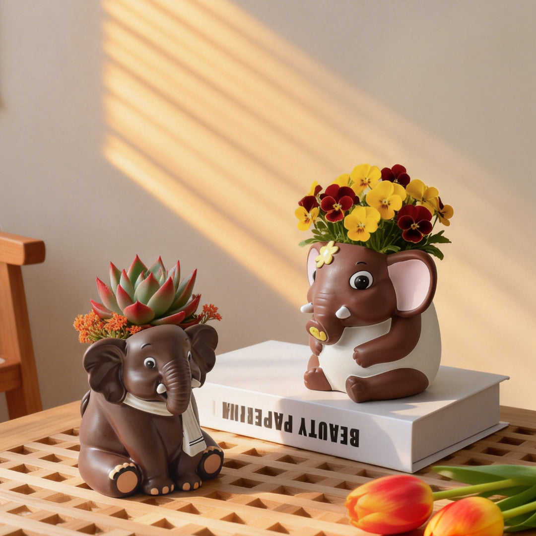 Elefanten-Blumentopf aus Kunststoff, handbemalt