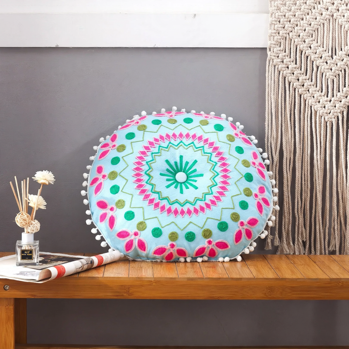 Rundes Sitzkissen, handbestickt, Boho-Stil