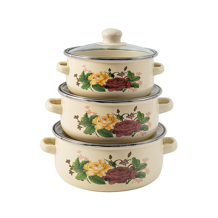 Emaillierter Kochtopf-Set mit Glassdeckel