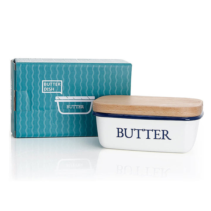 Emaillierte Butterdose mit Holzdeckel, quadratisch