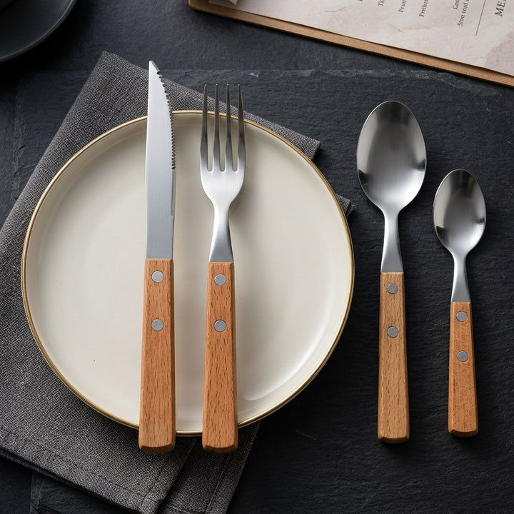 Besteckset 12-teilig, Edelstahl mit Holzgriff