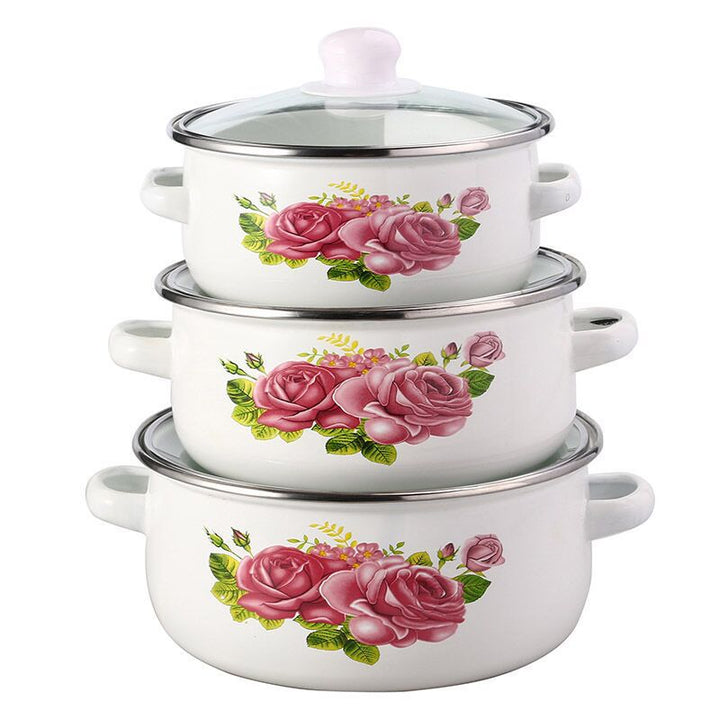Emaillierter Kochtopf-Set mit Glassdeckel
