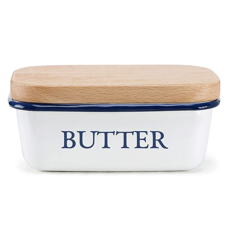 Emaillierte Butterdose mit Holzdeckel, quadratisch
