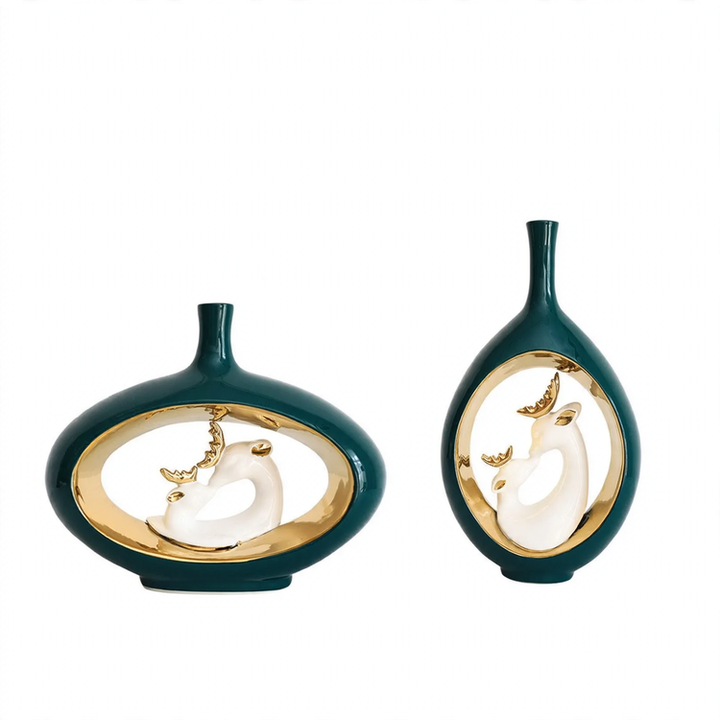 Keramik-Blumenvase mit Hirsch-Motiv