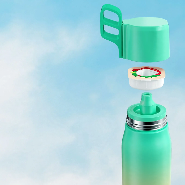 Edelstahl-Trinkflasche mit Geschmacksringen und Strohhalm