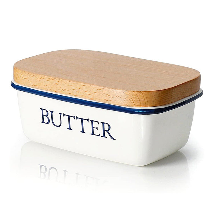 Emaillierte Butterdose mit Holzdeckel, quadratisch