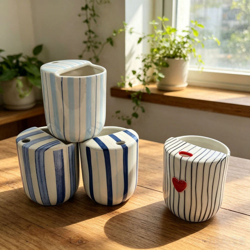 Keramik-Kaffeetasse mit Streifen und Herzmotiv