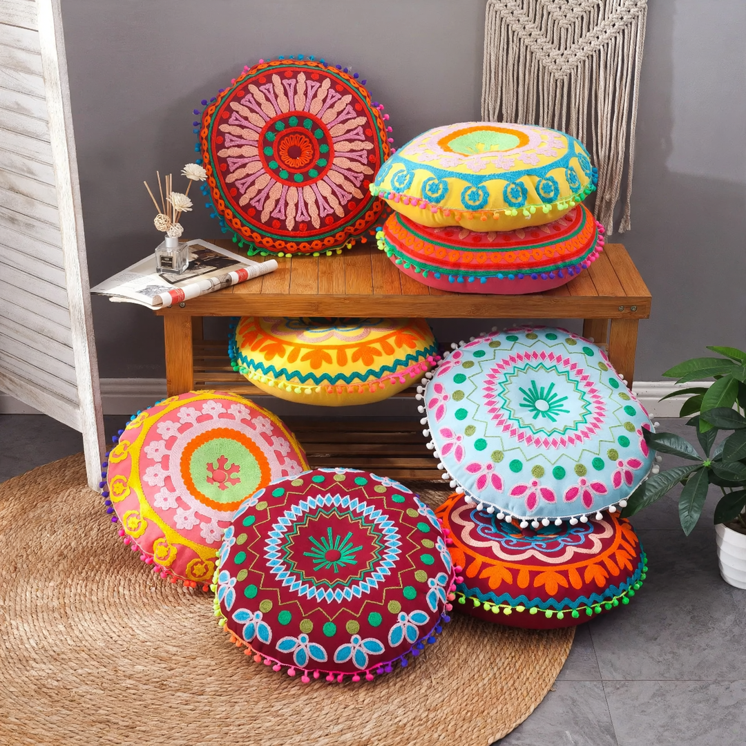 Rundes Sitzkissen, handbestickt, Boho-Stil