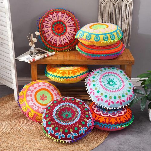 Rundes Sitzkissen, handbestickt, Boho-Stil