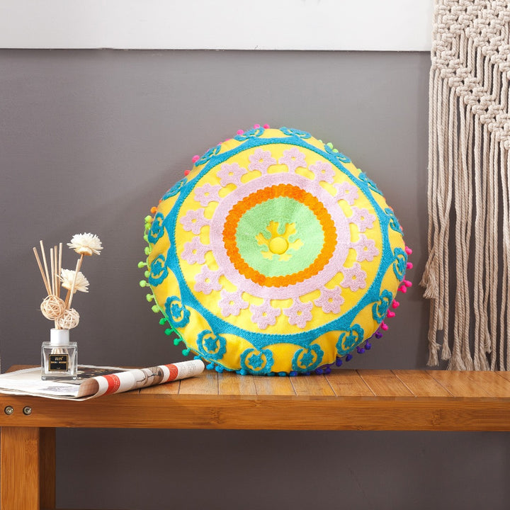 Rundes Sitzkissen, handbestickt, Boho-Stil