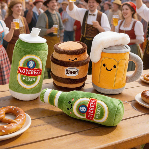 Plüsch-Figuren Bierserie – Becher, Fass, Dose, Flasche