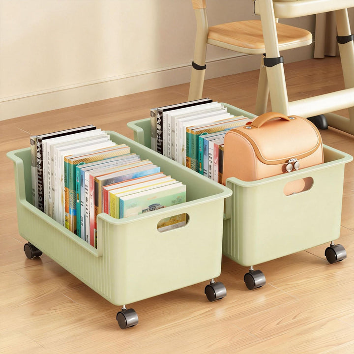 Rollbarer Bücherkasten für Schreibtisch und Boden