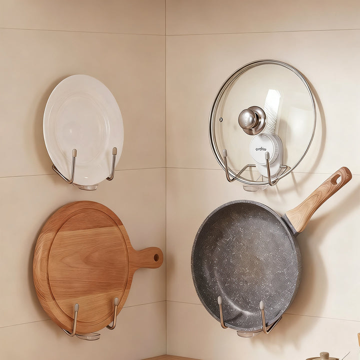 Wandmontierte Topfdeckel- und Schneidebrettablage mit Saugnapf